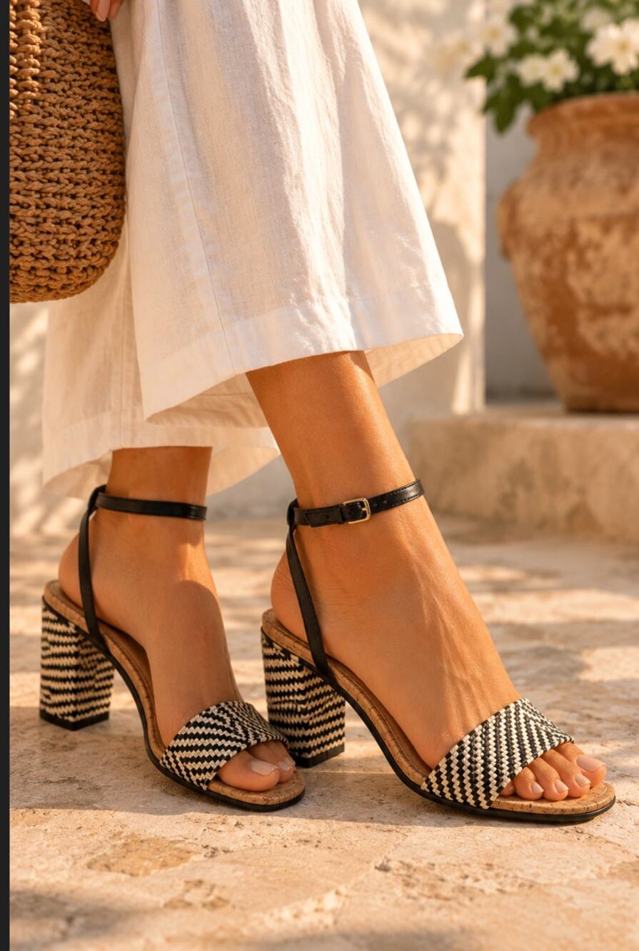 Liliana SZ 7 Cork Striped Block Monochromatic Open Toed Heels Preppy Minimalist